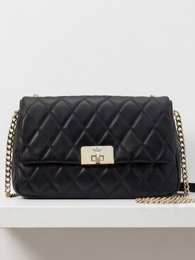 Kate Spade Black Carey Smooth Leather Medium Flap Quilted Turn-Lock Shoulder Bag